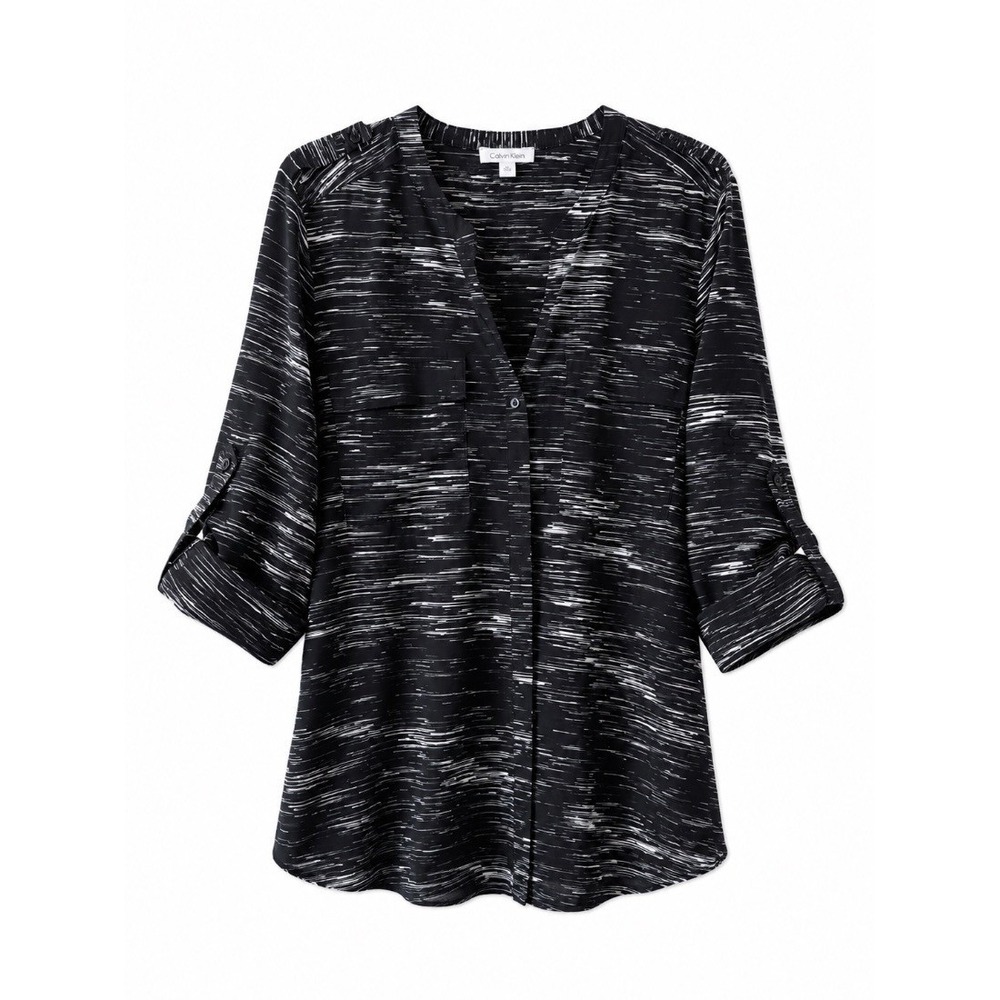 Calvin Klein Womens Blouse Top Black White Print 3/4 Roll Tab Sleeve V-Neck XL